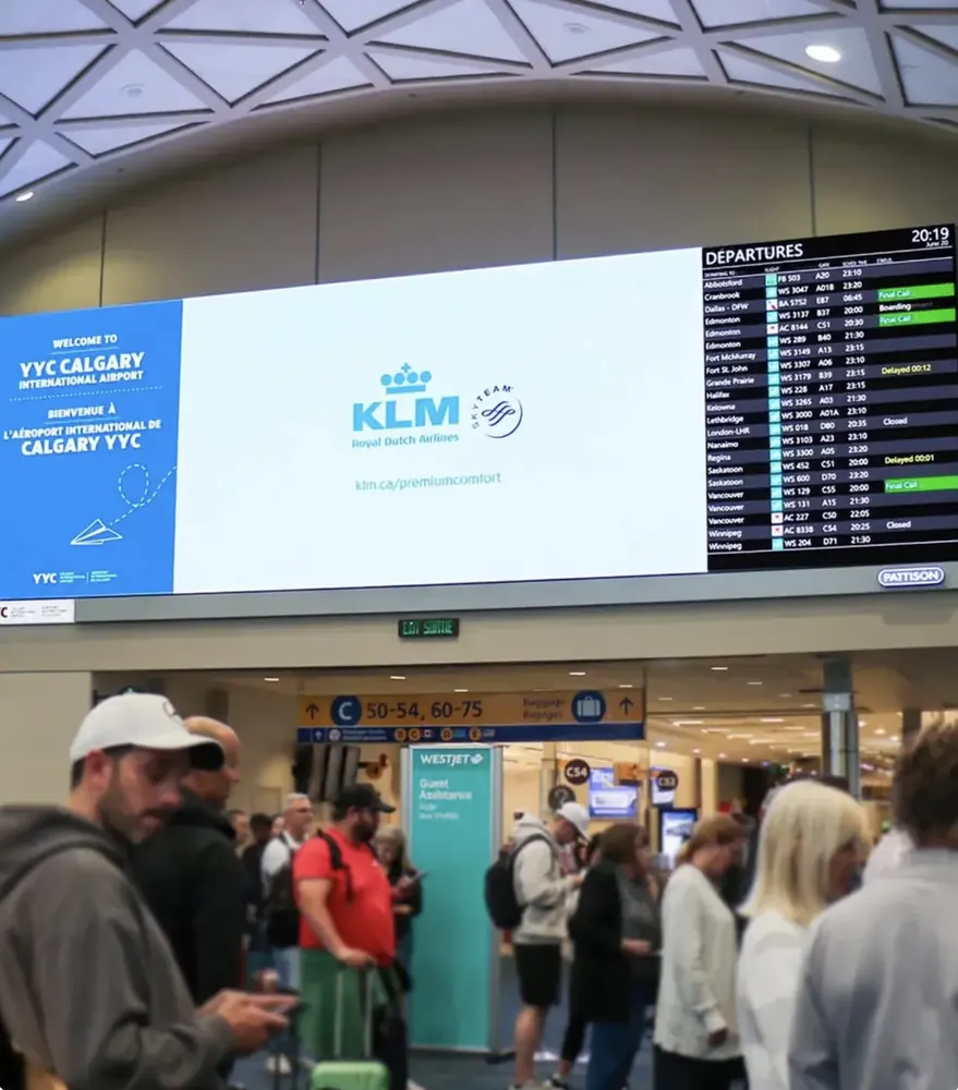 Pattison digital spectacular above the departures hall at Calgary International Airport